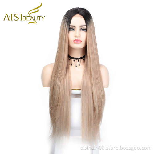 Aisi Beauty Popular Vendor Cheap Long Straight Ombre Blonde Wig Lace Frontal Synthetic Hair For Black Women Lace Front Wig